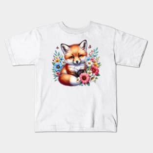 A red fox decorated with beautiful colorful flowers. Kids T-Shirt